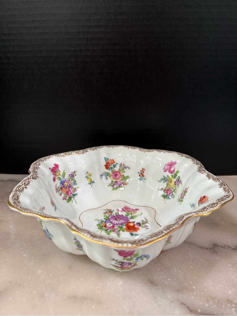 Early Dresden China - Hand Painted Six Sided Bowl - 9 inches wide